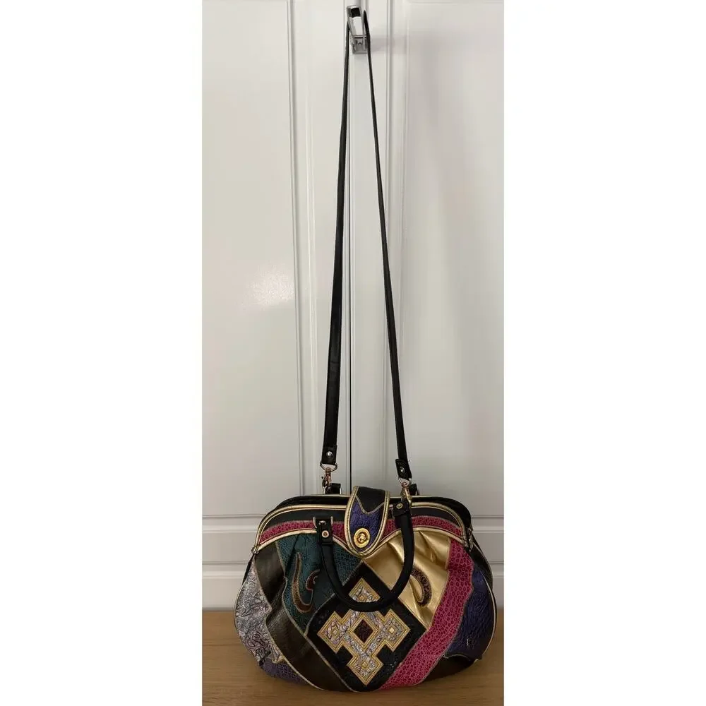 Vintage 80's NAS Bag Multicolor Faux Leather Patchwork Handbag Purse